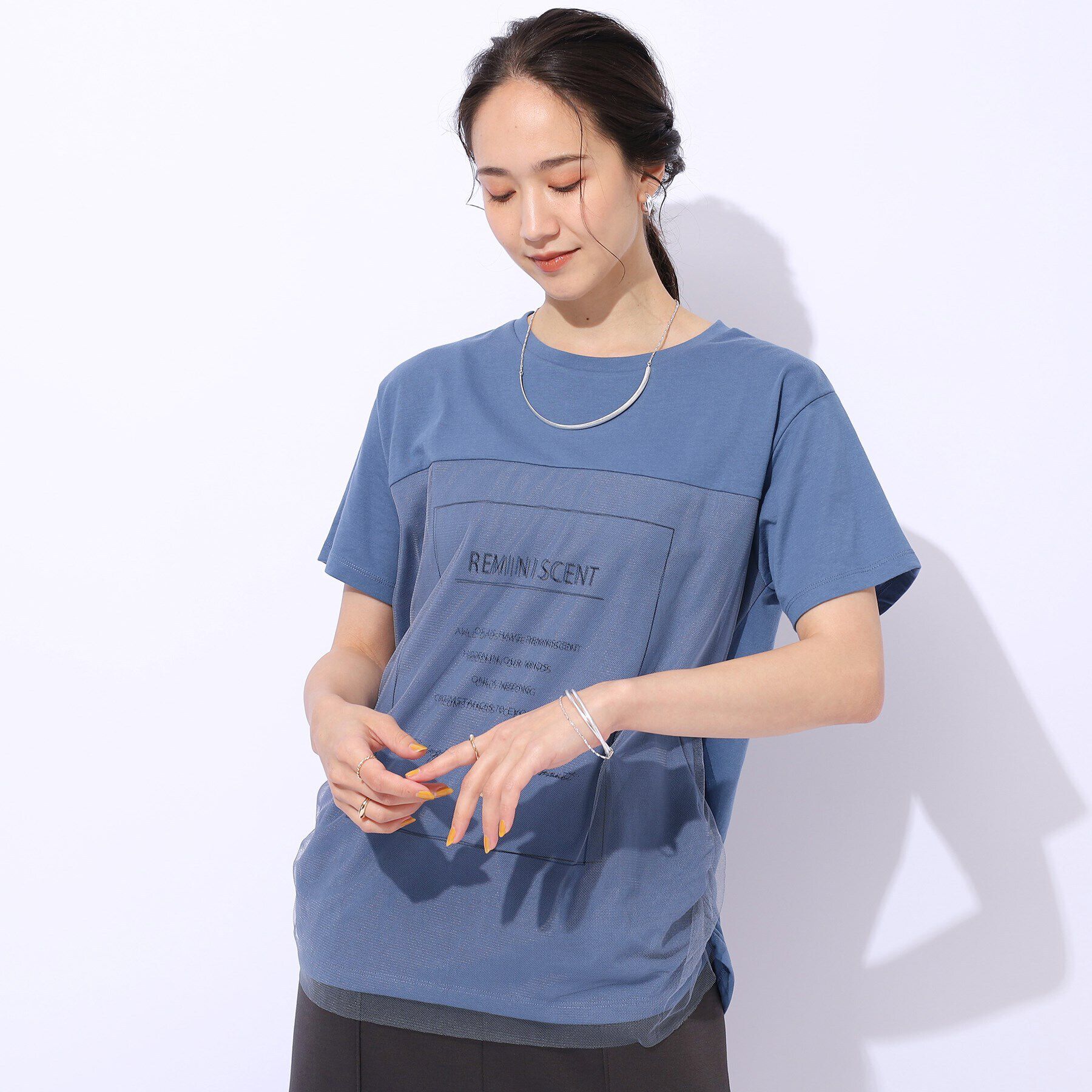 SHOO･LA･RUE「【洗える】インしない派さんの 重ねチュールプリントTシャツ」|Tシャツ・カットソー|ブルー(092)