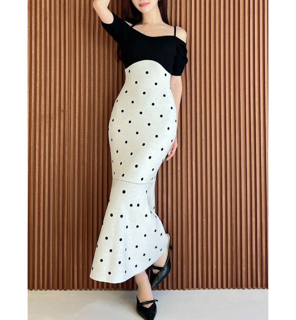 RESEXXY「オフショルドットマーメイドニットワンピース」|ワンピース|ブラック