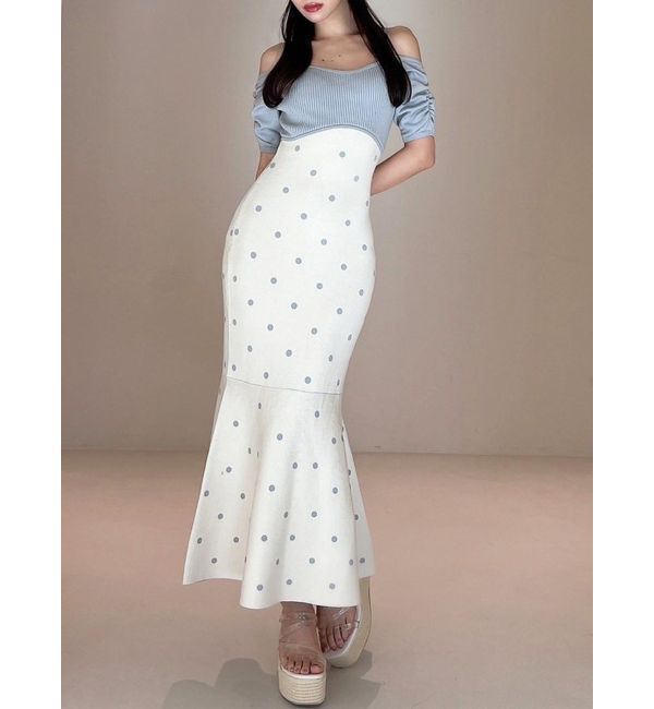 RESEXXY「オフショルドットマーメイドニットワンピース」|ワンピース|ブルー