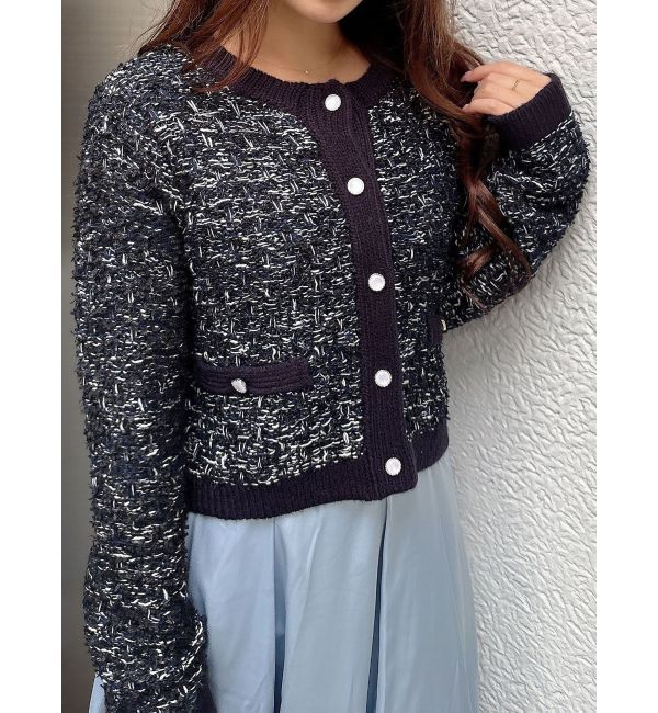 MERCURYDUO「ノーカラーツイードニットカーディガン」|カーディガン|ネイビー