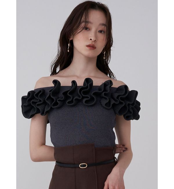 LAGUNAMOON「デコラフリルオフショルニットプルオーバー」|ニット・セーター|チャコールグレー