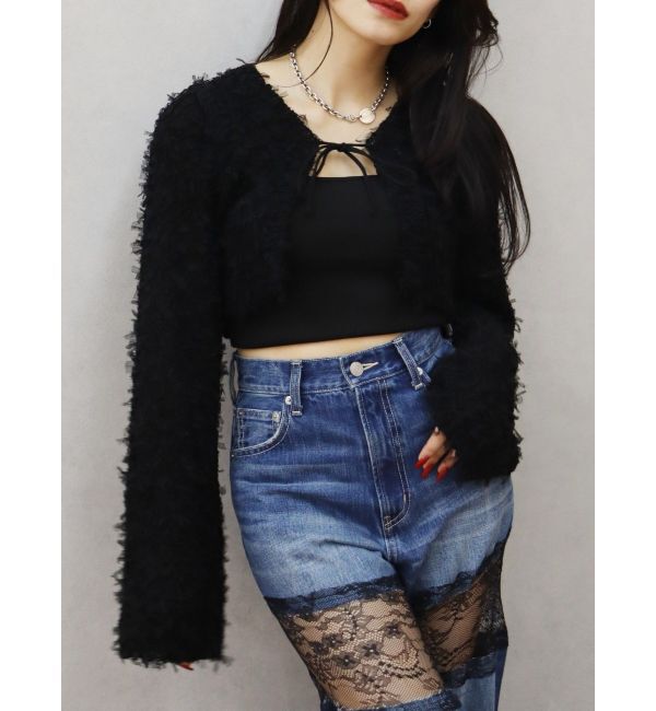 EVRIS「チュールミックスショートニットカーディガン」|ニット・セーター|ブラック