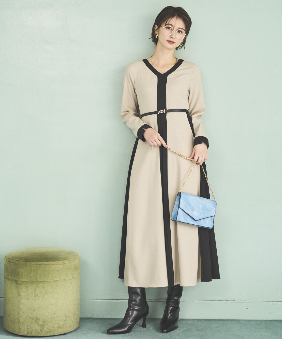 アンドクチュール「ベルト付き配色デザインワンピース」|ワンピース|ベージュ