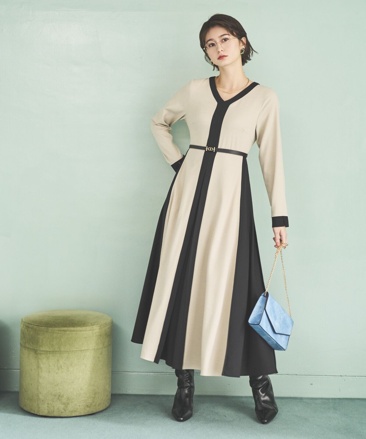 アンドクチュール「ベルト付き配色デザインワンピース」|ワンピース|