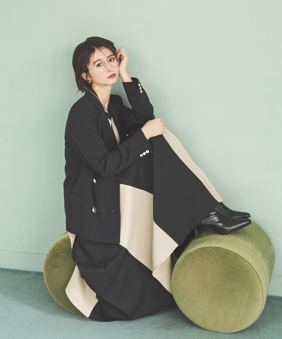 アンドクチュール「ベルト付き配色デザインワンピース」|ワンピース|