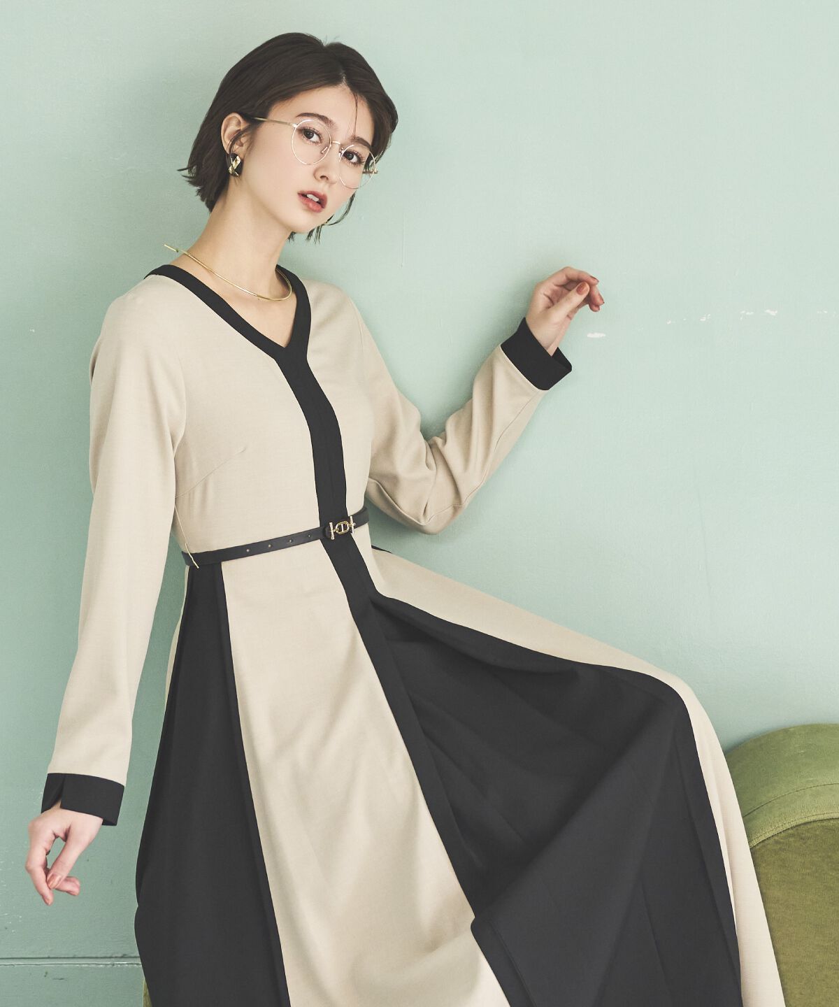 アンドクチュール「ベルト付き配色デザインワンピース」|ワンピース|