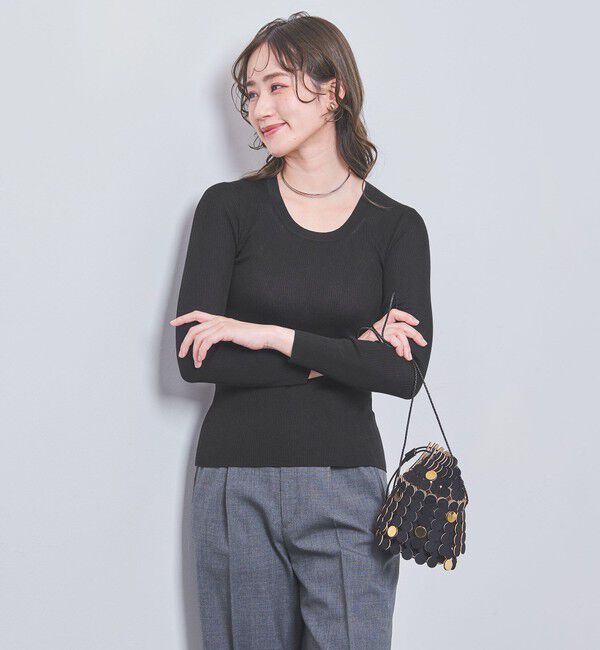 UNITED ARROWS「シルクリブ Uネック ニット」|ニット・セーター|BLACK