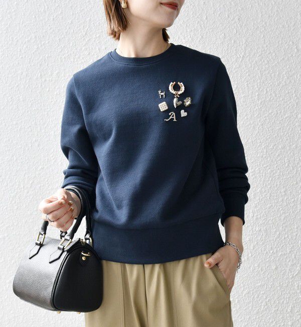 SHIPS any:〈手洗い可能〉裏起毛 ビジュー クルーネック コンパクト