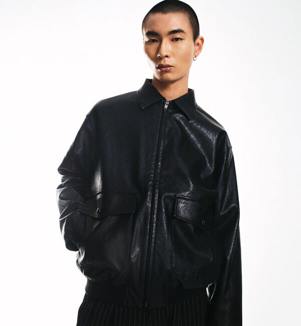 SHIPS「City Ambient Products: 合成皮革 ショート ジップ ブルゾン」|ブルゾン・スタジャン|ブラック