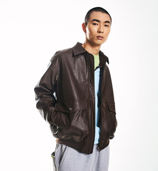 SHIPS「City Ambient Products: 合成皮革 ショート ジップ ブルゾン」|ブルゾン・スタジャン|ブラウン