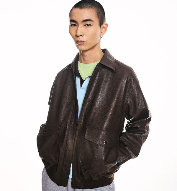 SHIPS「City Ambient Products: 合成皮革 ショート ジップ ブルゾン」|ブルゾン・スタジャン|