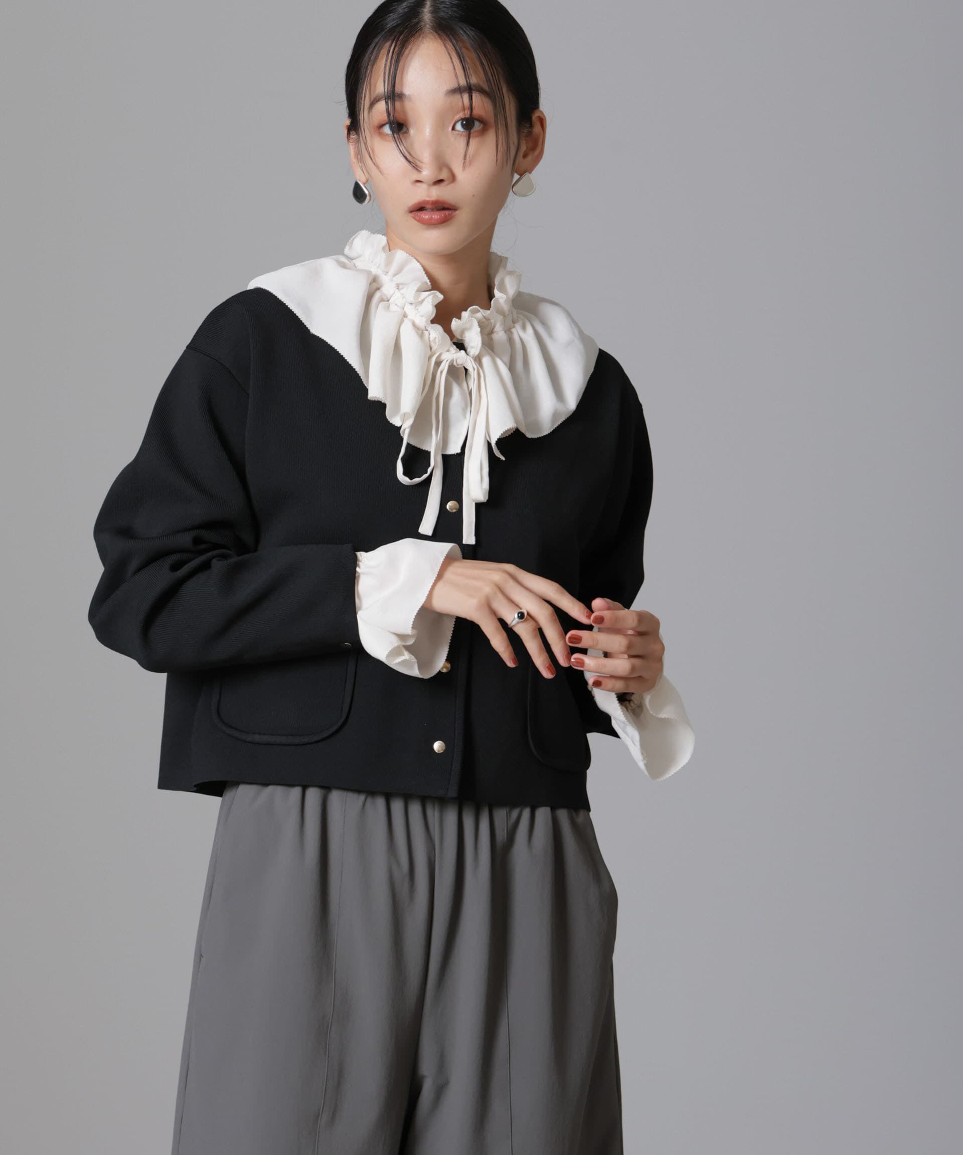 nano･universe「ノーカラーニットジャケット (セットアップ可)」|ニット・セーター|ブラック