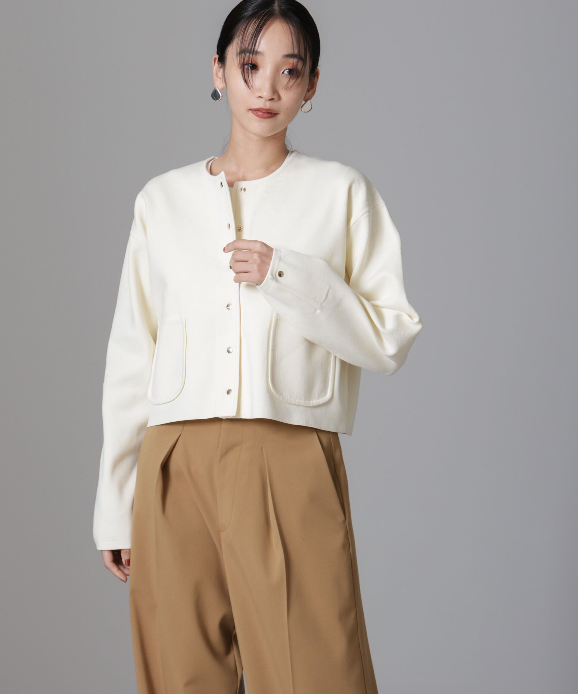nano･universe「ノーカラーニットジャケット (セットアップ可)」|ニット・セーター|オフホワイト1