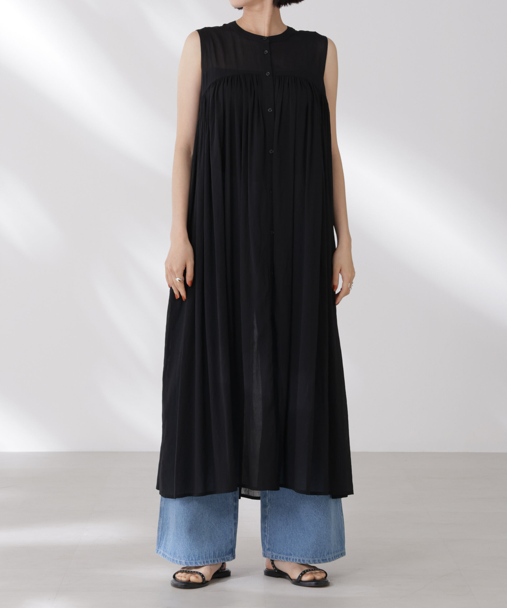 nano･universe「ギャザー切り替えノースリーブシアーワンピース」|ワンピース|