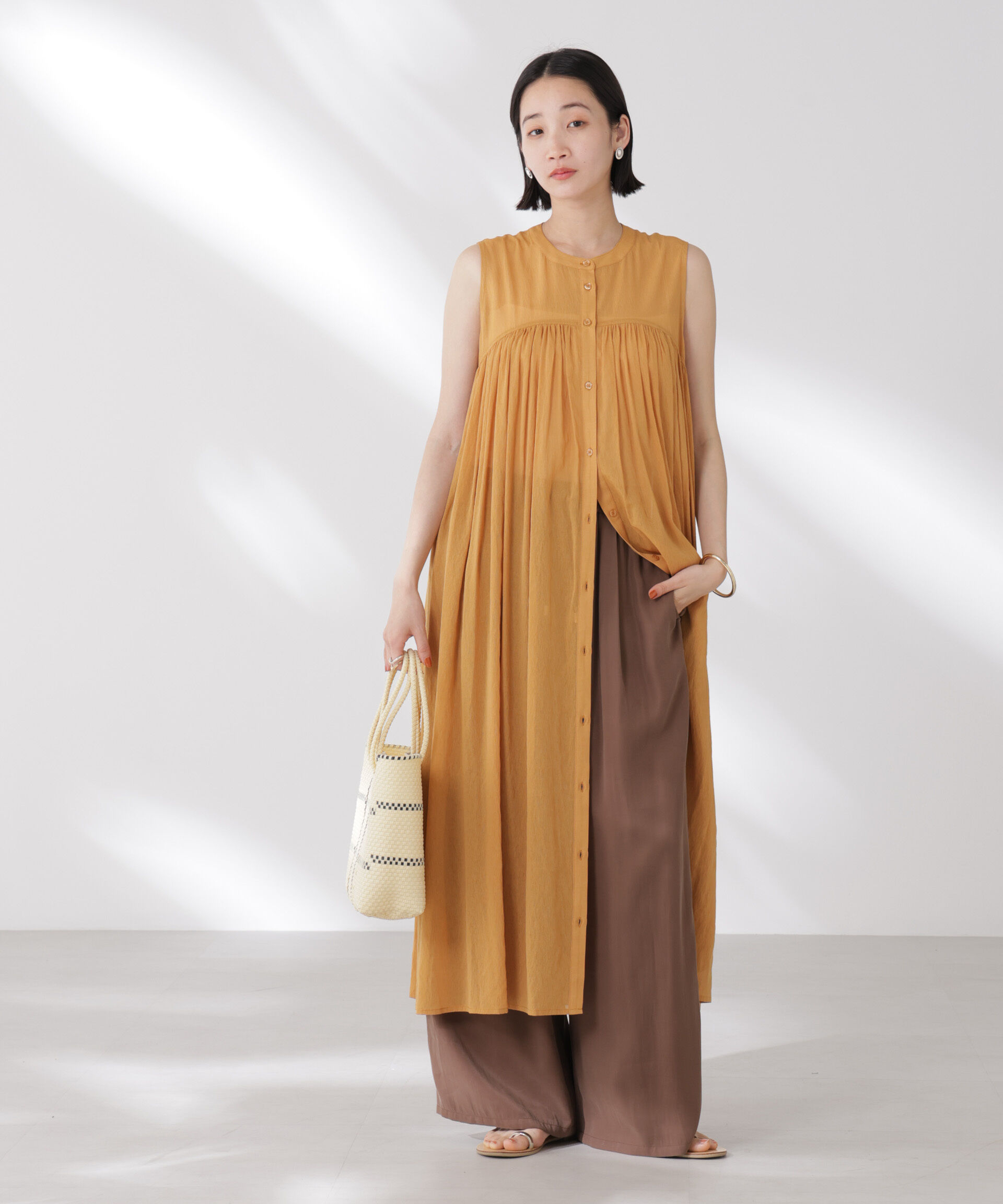 nano･universe「ギャザー切り替えノースリーブシアーワンピース」|ワンピース|キャメル4