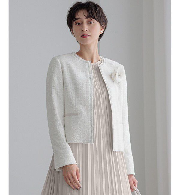 23区「【セットアップ対応】シャインツイードストレッチ ノーカラー ジャケット」|ノーカラージャケット|アイボリー系