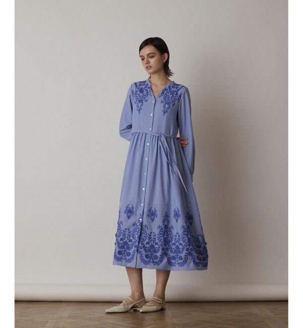  「ストライプ刺繍ワンピース」|ワンピース|