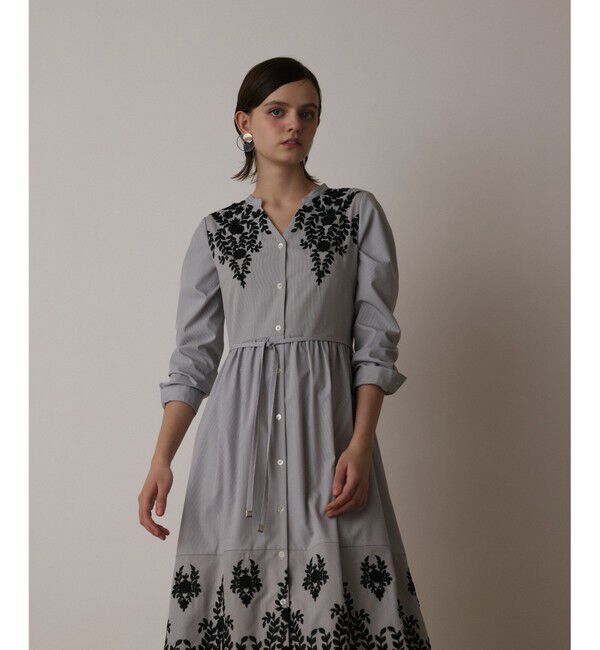  「ストライプ刺繍ワンピース」|ワンピース|ブラック