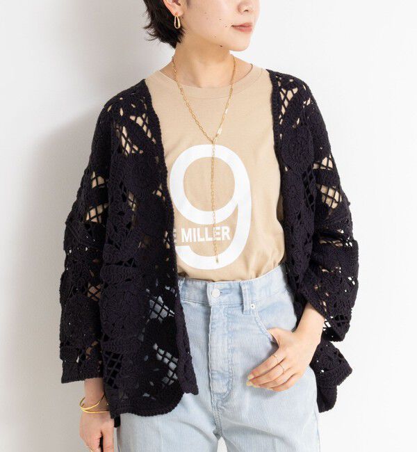 Rie Miller「《手洗い可能》レース刺繍7分袖ボレロ」|カーディガン|ブラック