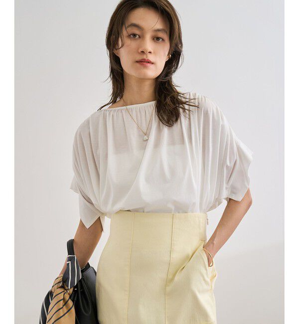 ROPE「【洗える】クリア天竺ギャザー半袖プルオーバー/お仕事服」|Tシャツ・カットソー|