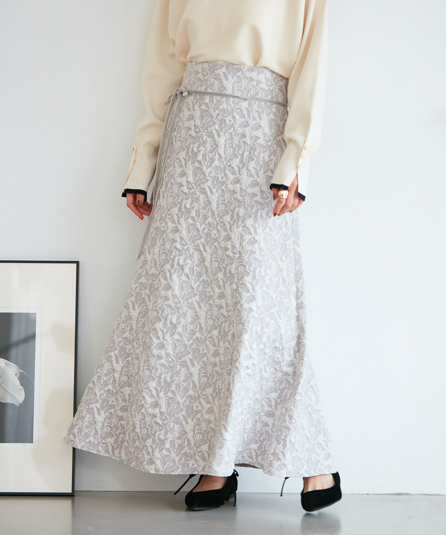 VIS「【洗える】ジャガードナローフレアスカート」|スカート|ベージュ系(28)