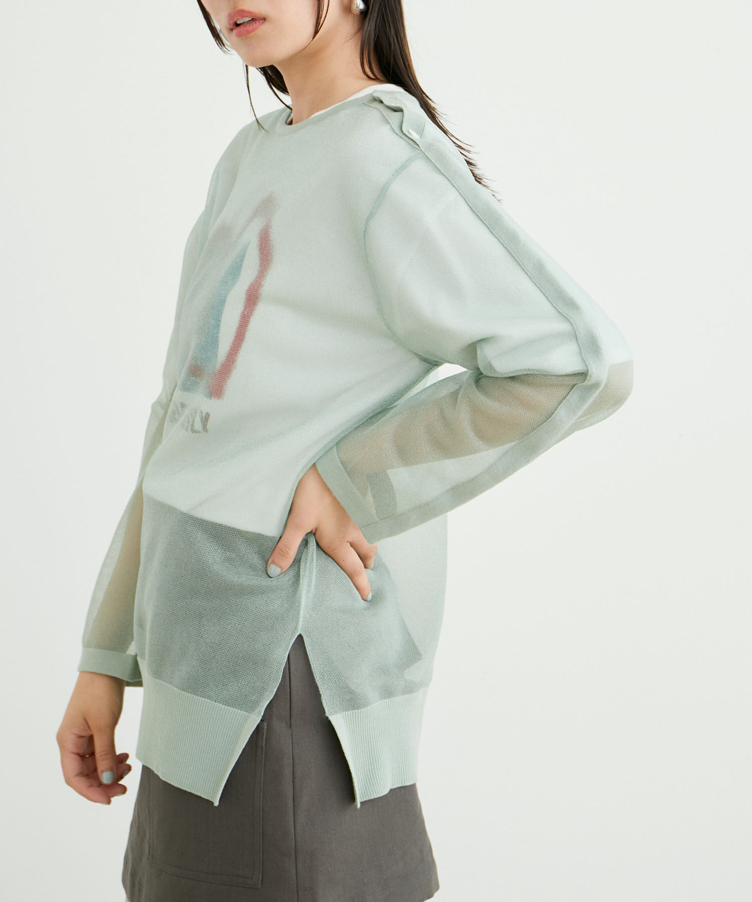 VIS「ショルダーラインシアーニットプルオーバー」|シャツ・ブラウス|ライトグリーン(33)