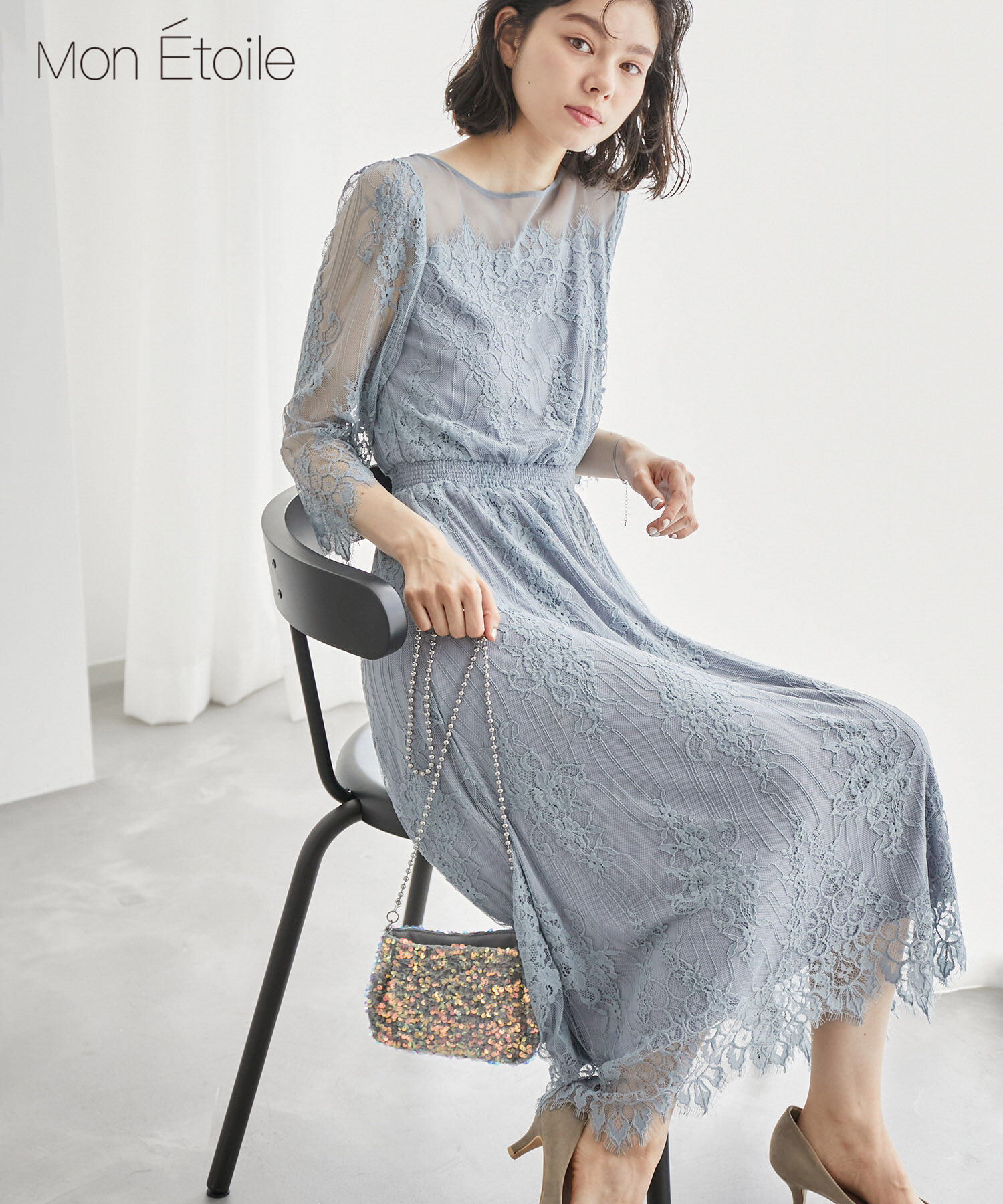 Rope&rsquo;Picnic「【Mon E&rsquo;toile/モンエトワール】【結婚式にも】レースDRESS」|ドレス|サックス(48)
