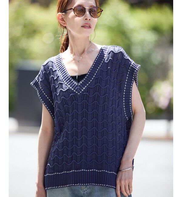 Rope&rsquo;Picnic「配色ステッチ透かし編みニットベスト」|ベスト・ジレ|