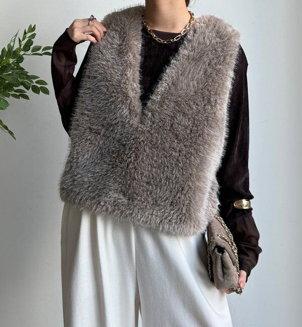  「サイドスナップフェイクカシミヤファープルオーバー」|ベスト・ジレ|グレージュ