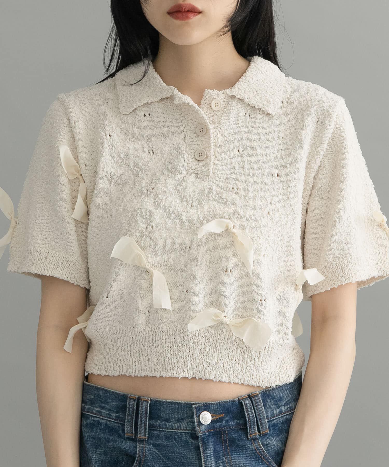  「『WEB限定』シャツカラーリボンニット」|ニット・セーター|アイボリー