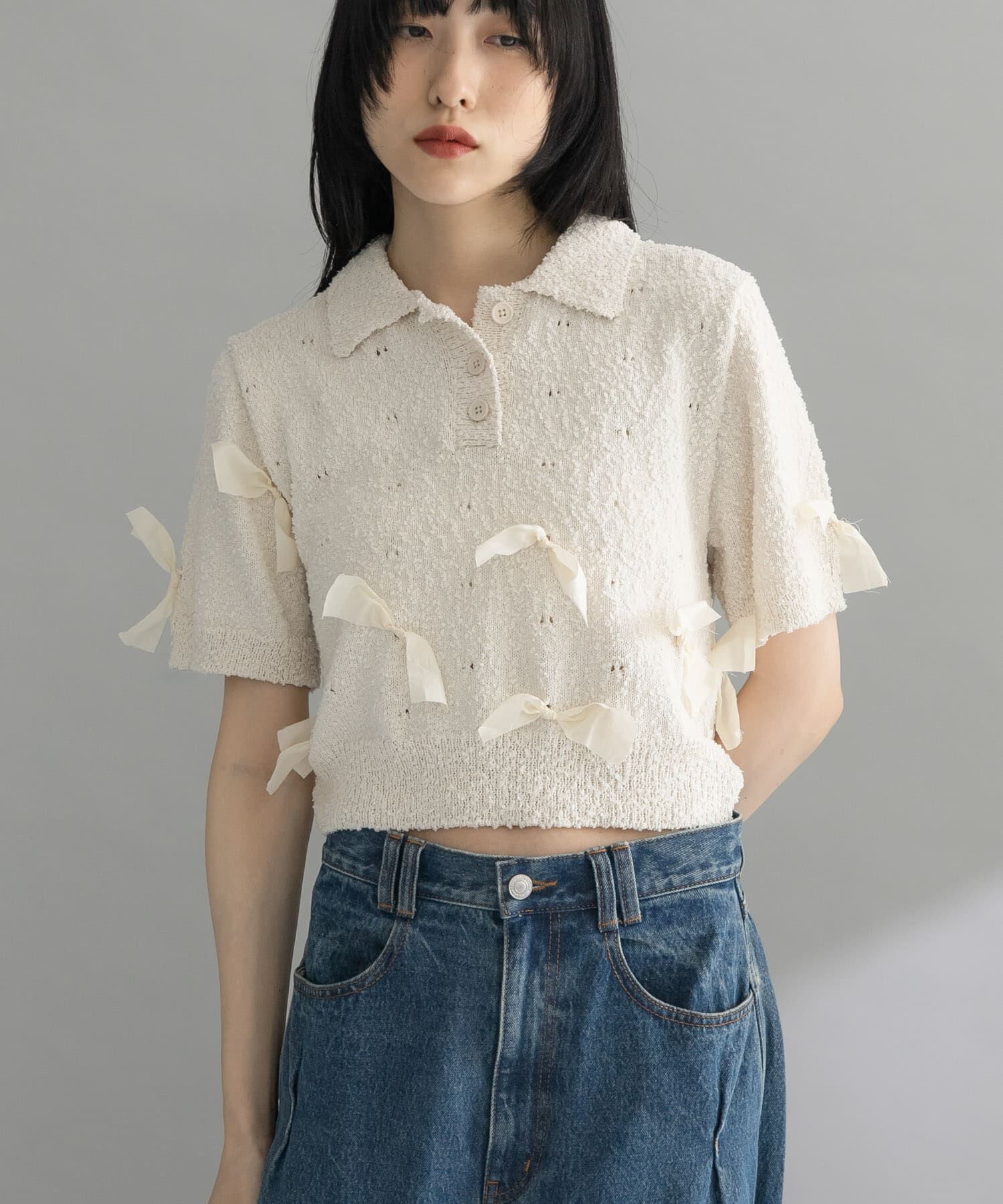  「『WEB限定』シャツカラーリボンニット」|ニット・セーター|