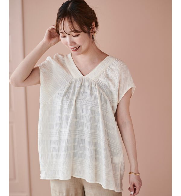 le.coeur blanc「《手洗い可能》シャーリングボーダーリボンブラウス」|シャツ・ブラウス|オフ