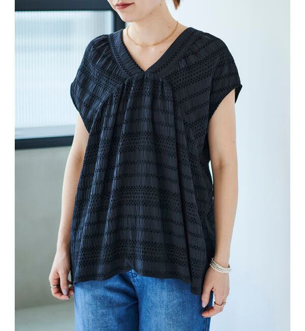 le.coeur blanc「《手洗い可能》シャーリングボーダーリボンブラウス」|シャツ・ブラウス|