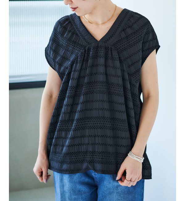 le.coeur blanc「《手洗い可能》シャーリングボーダーリボンブラウス」|シャツ・ブラウス|