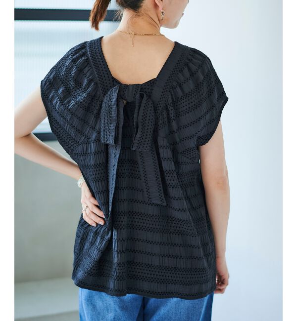 le.coeur blanc「《手洗い可能》シャーリングボーダーリボンブラウス」|シャツ・ブラウス|