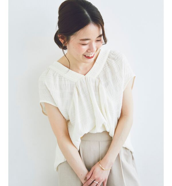 le.coeur blanc「《手洗い可能》シャーリングボーダーリボンブラウス」|シャツ・ブラウス|