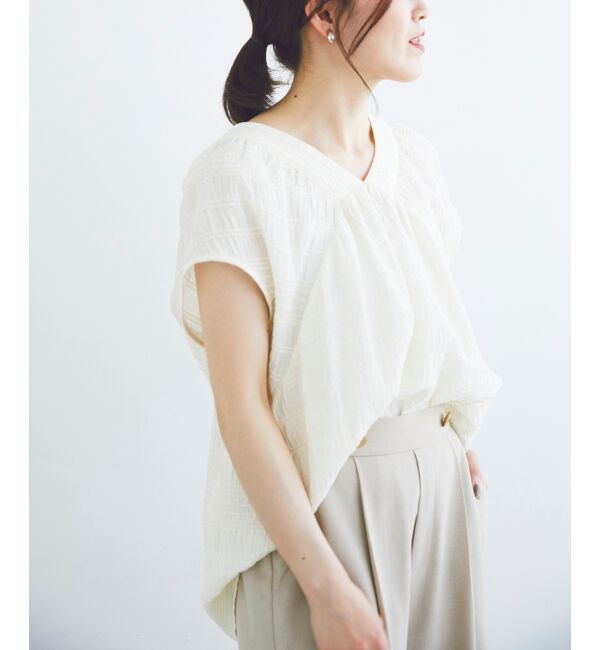 le.coeur blanc「《手洗い可能》シャーリングボーダーリボンブラウス」|シャツ・ブラウス|