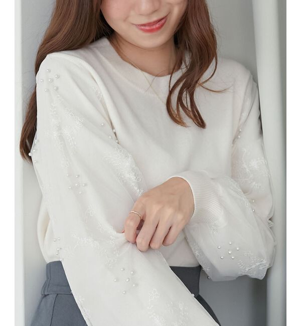  「パールチュールスリーブニット」|ニット・セーター|アイボリー