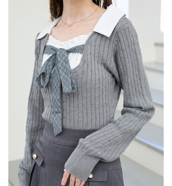  「チェックリボンレイヤードライクニット」|ニット・セーター|