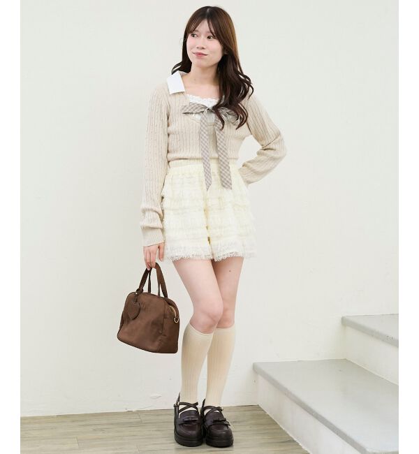  「チェックリボンレイヤードライクニット」|ニット・セーター|