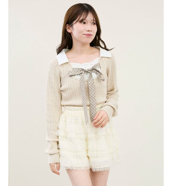 「チェックリボンレイヤードライクニット」|ニット・セーター|