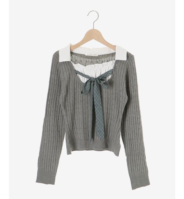  「チェックリボンレイヤードライクニット」|ニット・セーター|