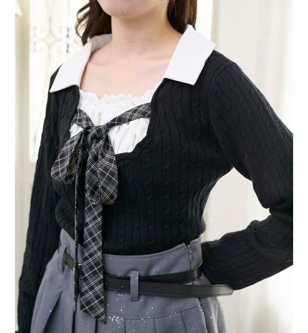  「チェックリボンレイヤードライクニット」|ニット・セーター|