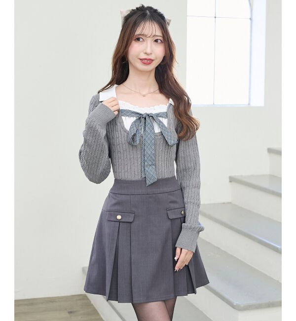  「チェックリボンレイヤードライクニット」|ニット・セーター|グレー