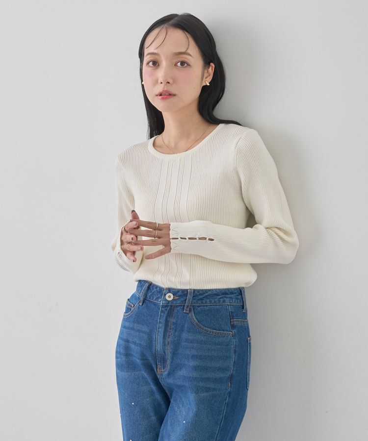 earth music&ecology「パール&ビジュースリーブプルオーバー」|ニット・セーター|Ivory