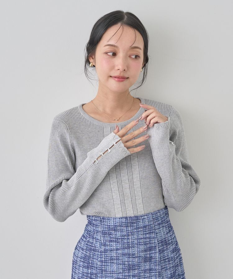 earth music&ecology「パール&ビジュースリーブプルオーバー」|ニット・セーター|Light Gray