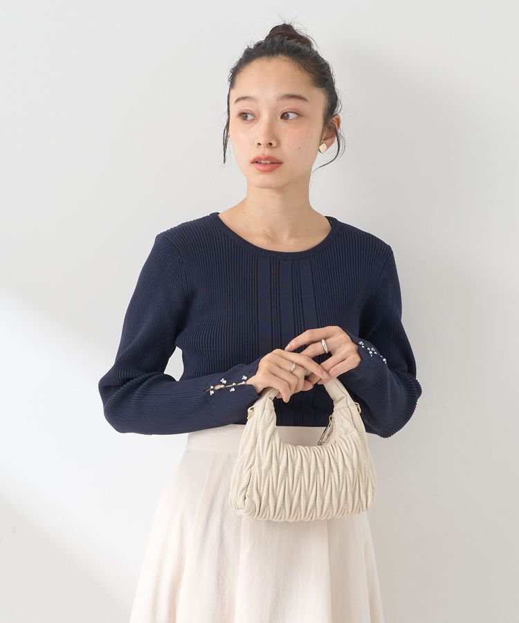 earth music&ecology「パール&ビジュースリーブプルオーバー」|ニット・セーター|Navy