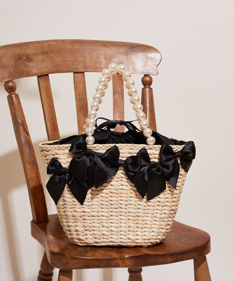 Maison de FLEUR「パールハンドルメイズリボンカゴバッグ」|ハンドバッグ|ブラック