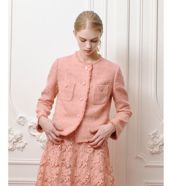 LOULOU WILLOUGHBY「【LOULOU WILLOUGHBY】ファンシーツイードクルージャケット」|ノーカラージャケット|ピンク