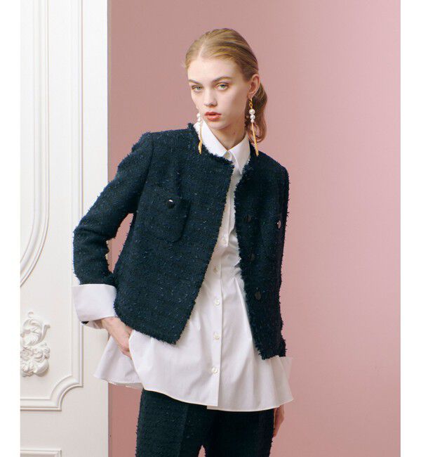 LOULOU WILLOUGHBY「【LOULOU WILLOUGHBY】ファンシーツイードクルージャケット」|ノーカラージャケット|ネイビー